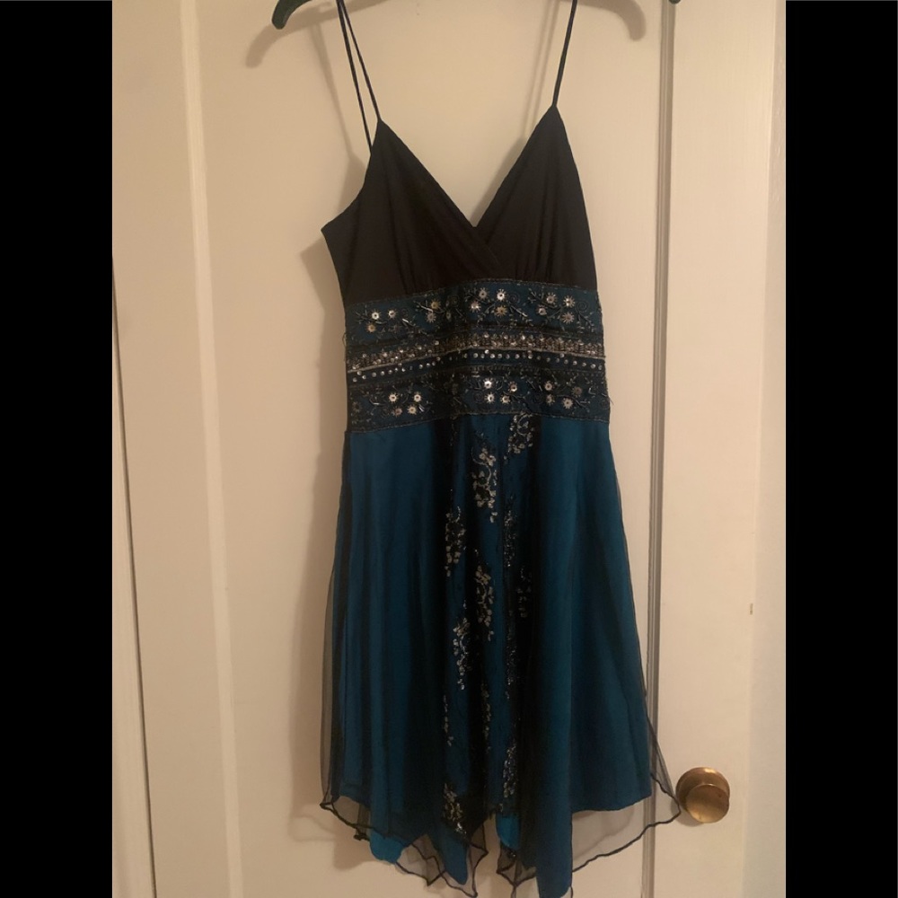 Small black and teal lace and embellished spaghetti strap dress